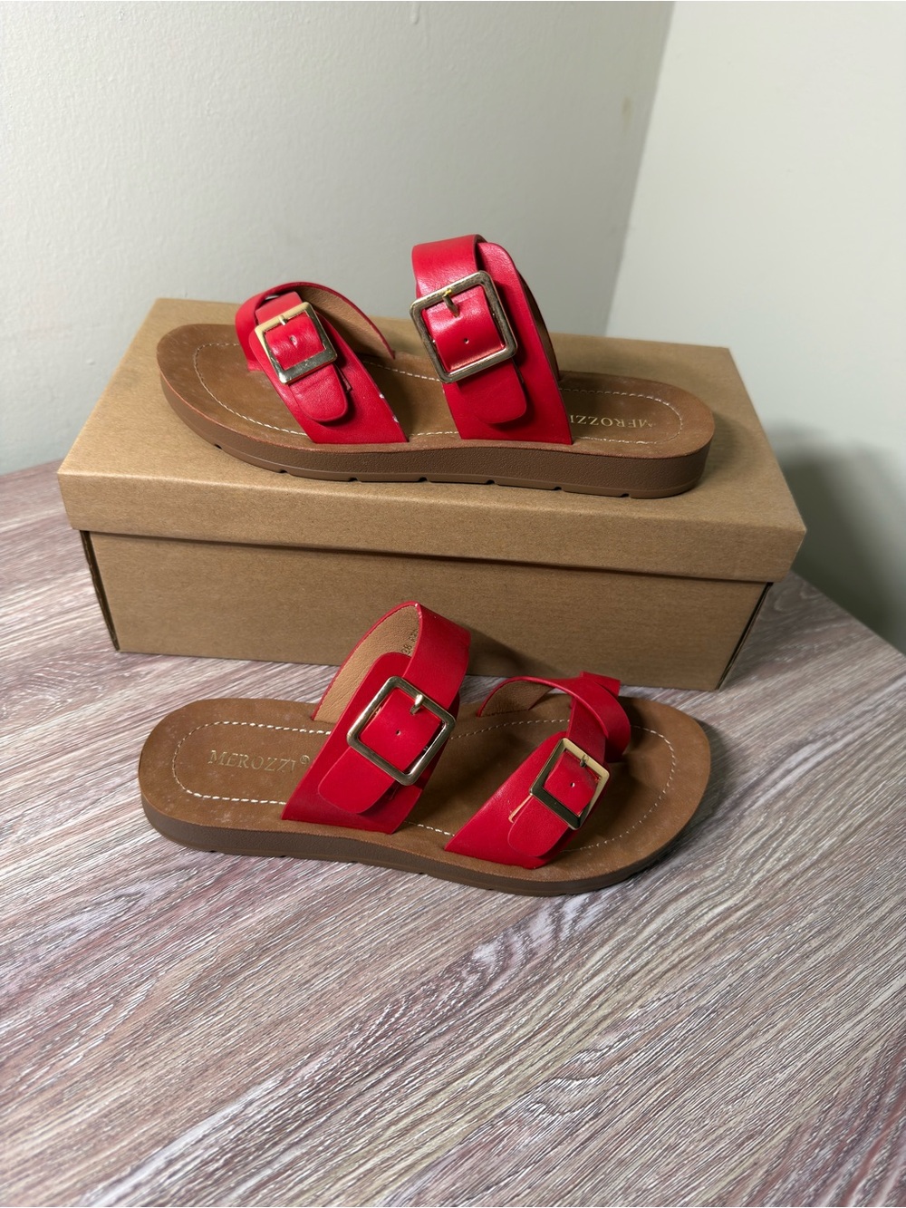 Red Double-Buckle Slide Sandals -